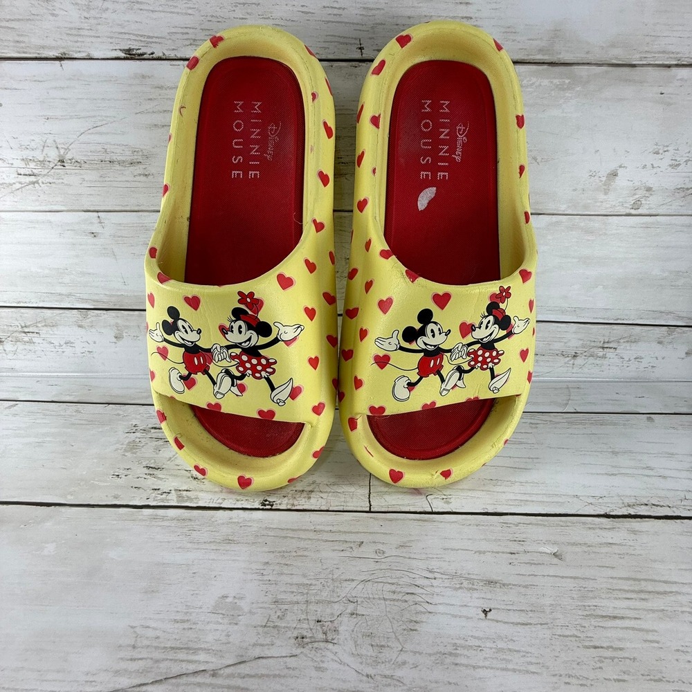 Disney Ground Up Mickey Minnie Mouse‎ Yellow Heart Slide Sandals Womens Size 7